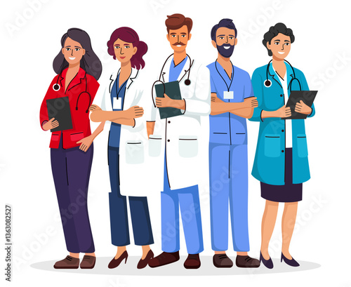 Hospital medical staff team standing together. Group of male and female doctors, nurses, and paramedics. Vector illustration
