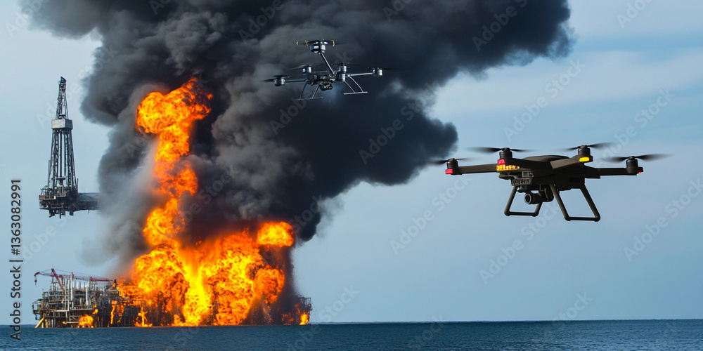 Obraz premium Surveillance drones monitor oil rig fire during emergency response Generative AI