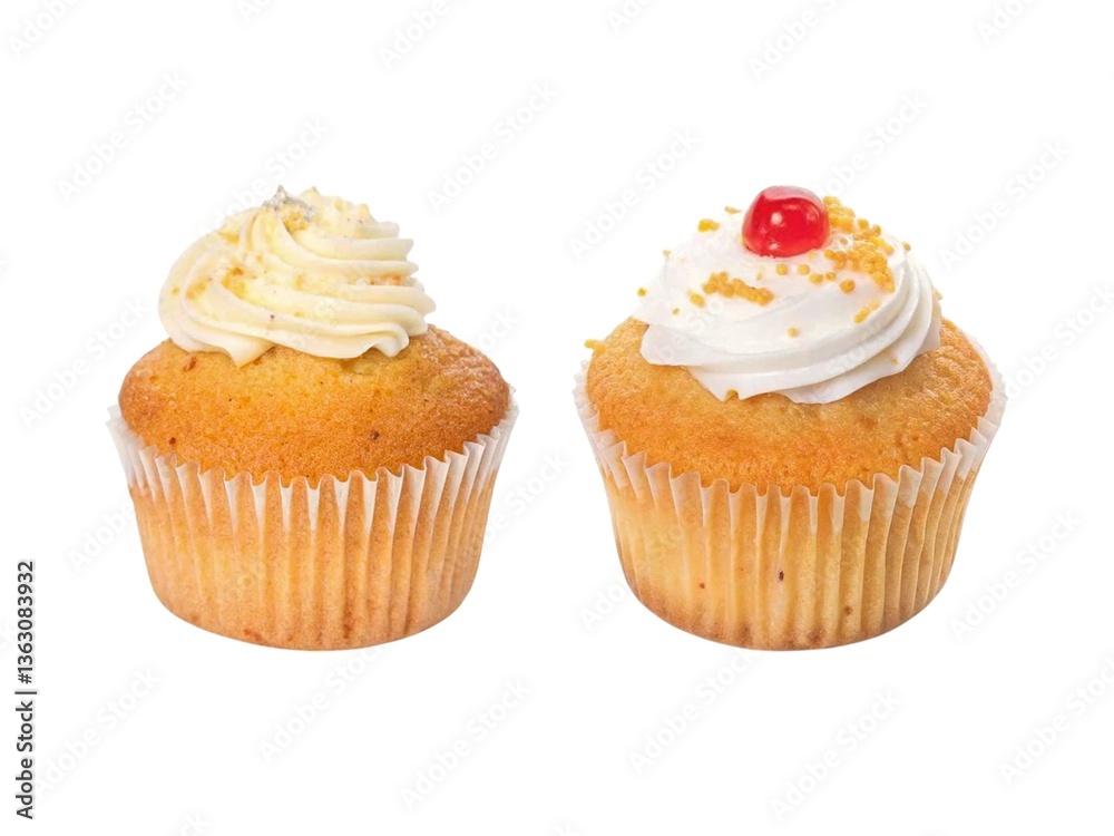 Delicious vanilla cupcakes with frosting and toppings isolated on white background. Delicious vanilla cupcakes with frosting and toppings isolated on white background.