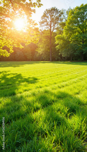 Vibrant greenery of freshly mowed lawn in warm afternoon sun, tranquility