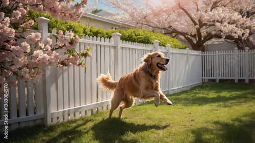 A golden retriever joyfully leaps in a sunny yard adorned with blooming cherry trees.
