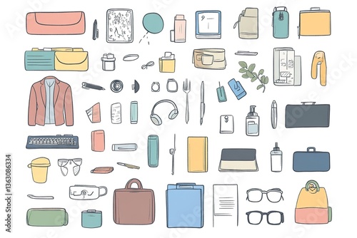 Big bundle business casual doodles icons and objects.