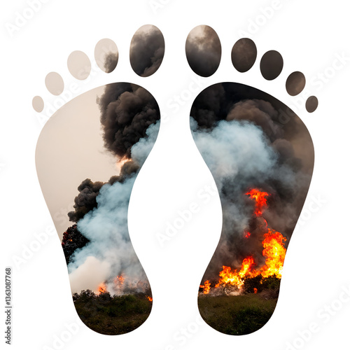 Footprints filled with wildfire flames and thick smoke imagery.