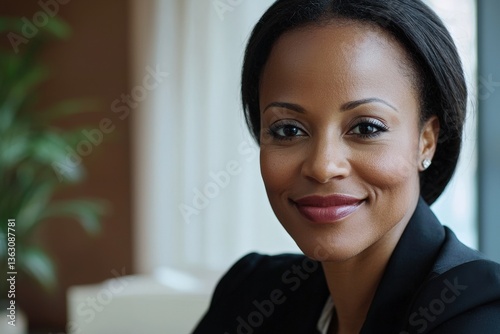 Confident businesswoman smiling in modern office with soft lighting