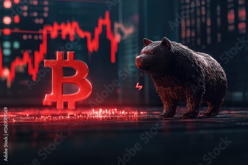 Bear market concept with stock chart digital numbers crisis red price drop arrow down chart fall. Bitcoin and Stock Exchange..