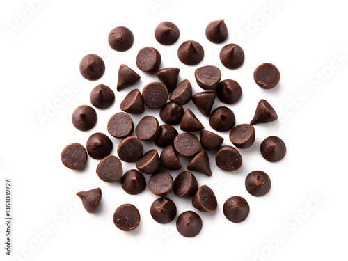 Dark chocolate chips top view isolated on white background.