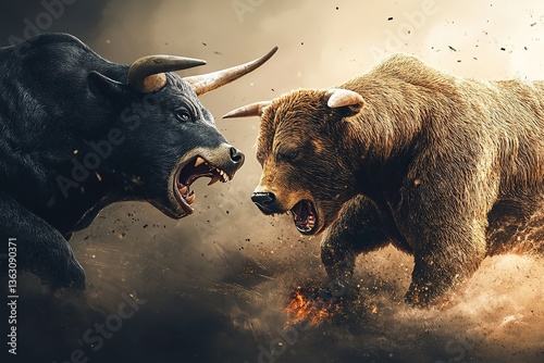 angry fighting bull and bear in attacking pose dangerous mammal animals market trend stock exchange trading