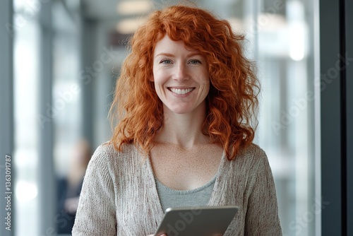 A smiling woman with red hair, holding a tablet, standing in a bright office environment.