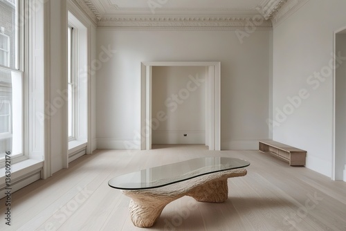 A minimalist living room with recessed skirting boards, seamless white walls, a glass coffee table
