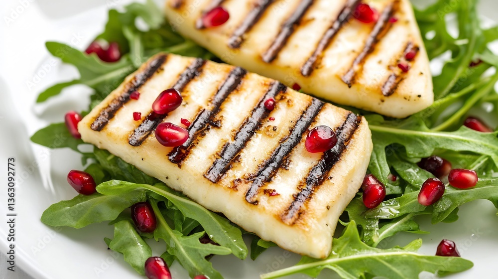 Golden grilled halloumi slices served arugula and pomegranate seeds Golden grilled halloumi slices served arugula and pomegranate seeds