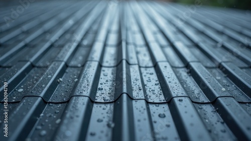 Close-up view of dark gray corrugated roofing material glistening with water droplets after a rainfall, showcasing the texture and water-repellent properties of the surface.