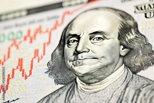 Benjamin Franklin face on USD dollar banknote with red decreasing stock market graph chart for symbol of economic recession crisis concept.