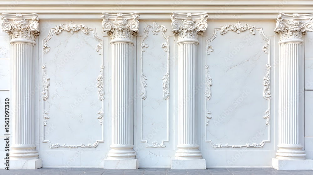 Obraz premium Elegant White Marble Wall Panel with Classical Columns: Architectural Detail Photography AI Generated