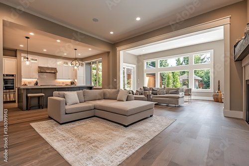 A spacious, modern open-concept living area with neutral tones, a plush sofa, and recessed LED ceiling lights, accentuating the sleek design