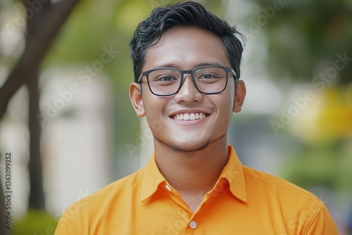 A man wearing an orange shirt and glasses is smiling for the camera. Concept of confidence and positivity