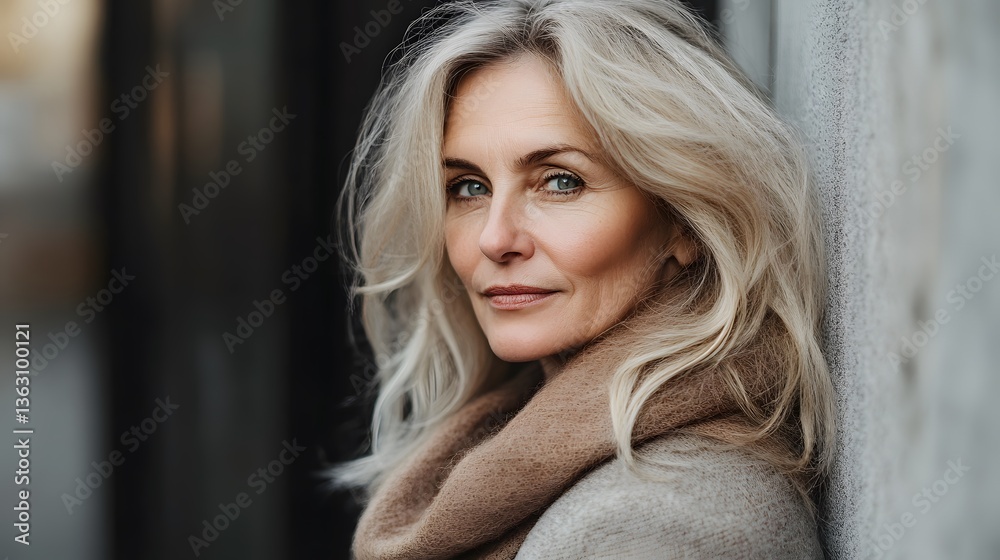 Fototapeta premium Mature woman with long silver hair poses confidently against a wall in an urban setting during golden hour