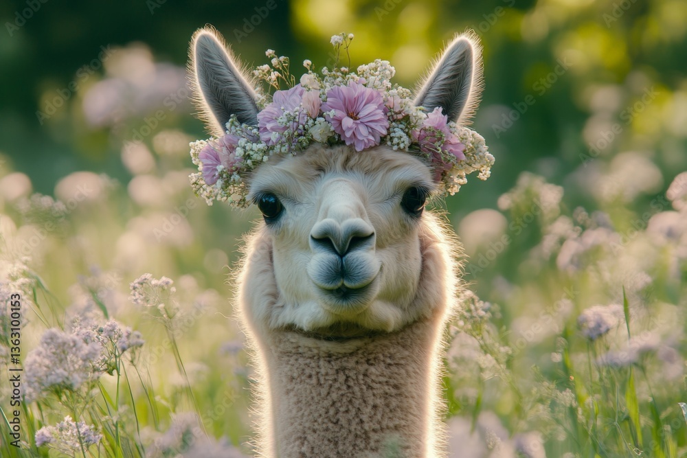 Fototapeta premium Llama wearing a floral crown in a vibrant meadow during golden hour sunlight
