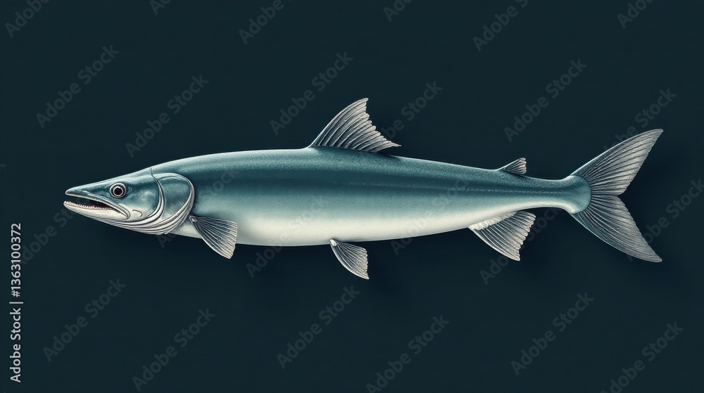 Fototapeta premium A Detailed Illustration of an Aquatic Animal, Displaying its Anatomical Features, Scales, and Fins, Against a Dark Background