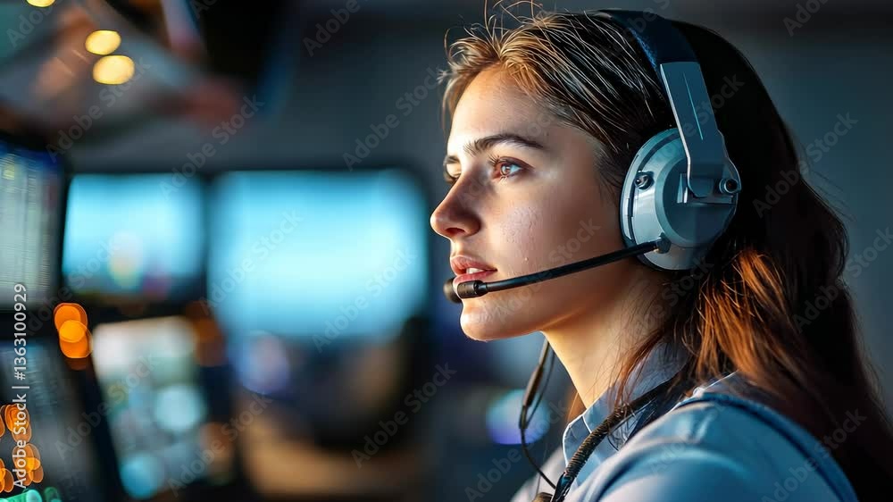 smiling young female air traffic controller working in control tower at airport, woman working, girl, flight control, airplane, control panel, professional, job, worker, screens, technology, operator