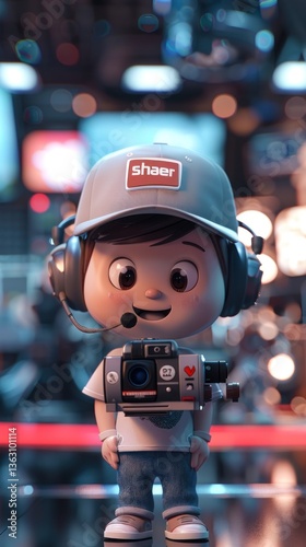 Smiling cartoon kid reporter with camera in a city event