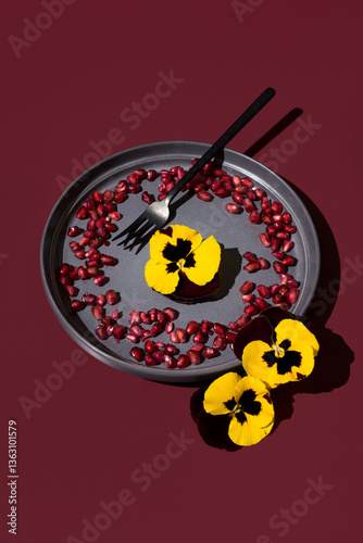 Edible pansy and pomegranate arrangement on maroon theme