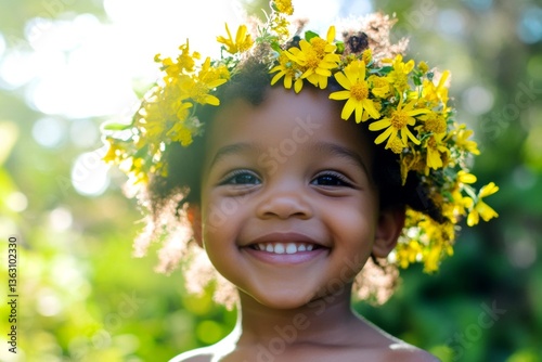 Soft daylight. Happy warm season holidays concept art. Smiling black toddler boy with tt hair wearing yellow flower circlet on his head. Sunshine and flowers for kids. Boy with flower wreath.