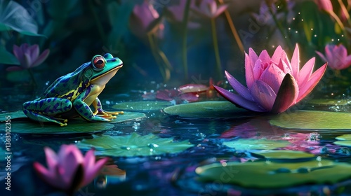 Colorful frog on lily pads, vibrant aquatic scene with pink lotus flowers, ideal for nature themes and tranquility.