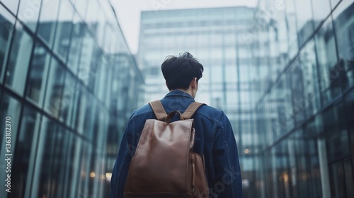 Man walks city backpack modern buildings commute