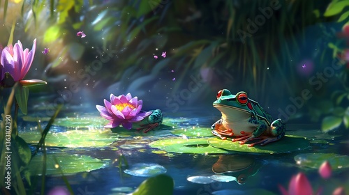 Vibrant water lilies floating gently on a tranquil pond, lush greenery surrounding, perfect for nature-themed projects.