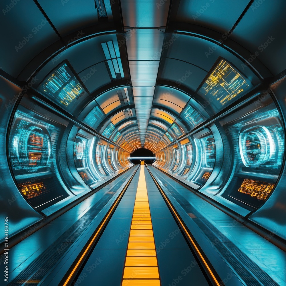 Naklejka premium Futuristic Sci-Fi Tunnel with Neon Lights and Digital Displays