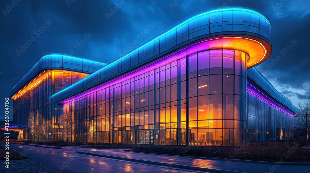 Obraz premium A hospital facade illuminated with LED lighting at night, showcasing a futuristic healthcare design