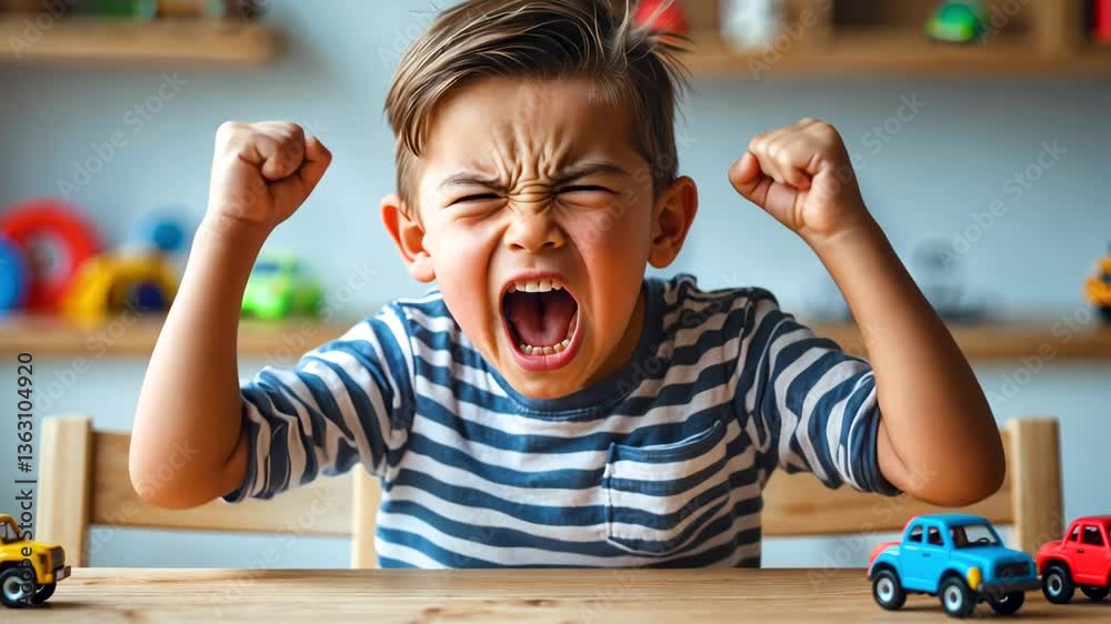 Excited young boy screaming with toy cars on desk at home play area