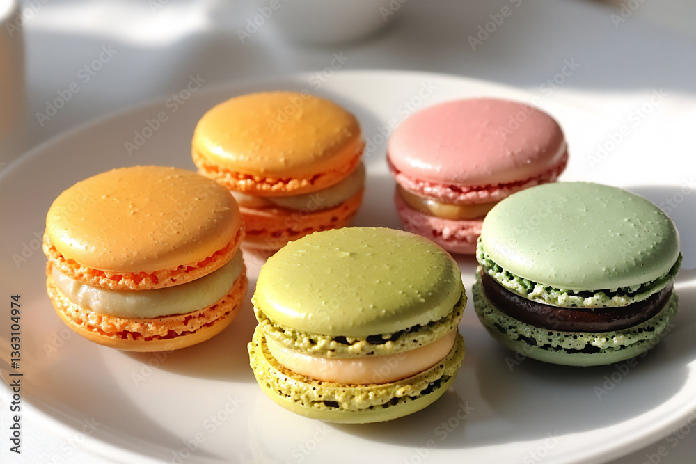 close-up shot of five macarons with vibrant, contrasting colors (orange, close-up shot of five macarons with vibrant, contrasting colors (orange,