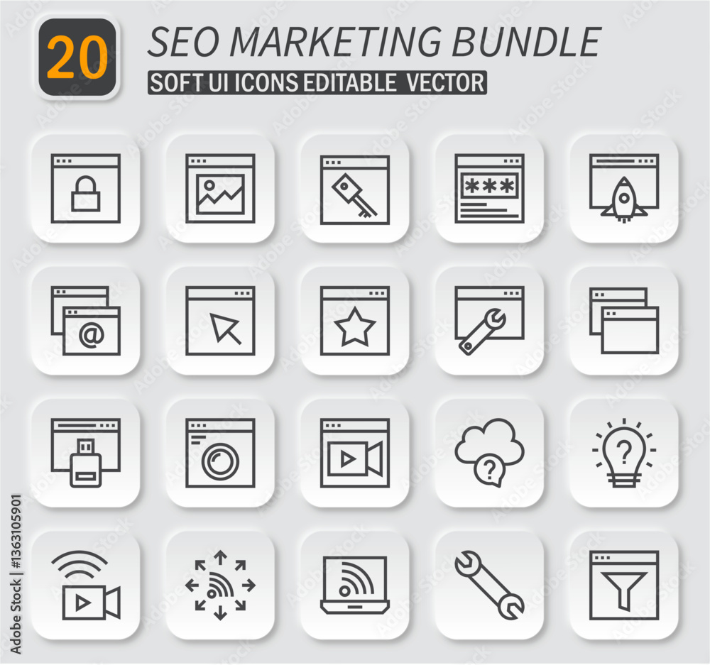Sleek SEO and Marketing Icon Set for Web Design and Mobile Application Sleek SEO and Marketing Icon Set for Web Design and Mobile Application