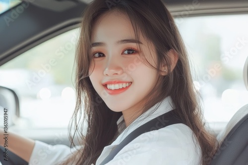 Free Download A smiling young woman sitting in a car, exuding confidence and positivity while holding the steering wheel. - GFXLoad