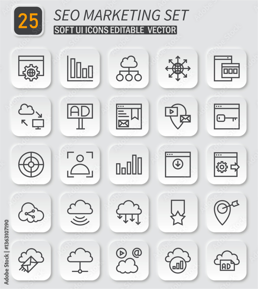 Sophisticated Line Style Vector Icon Set for SEO Marketing and Digital Promotion Sophisticated Line Style Vector Icon Set for SEO Marketing and Digital Promotion