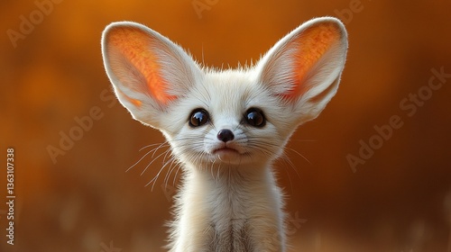 Adorable fennec fox pup with oversized ears, curious expression, and soft fur against a warm, blurred background.
