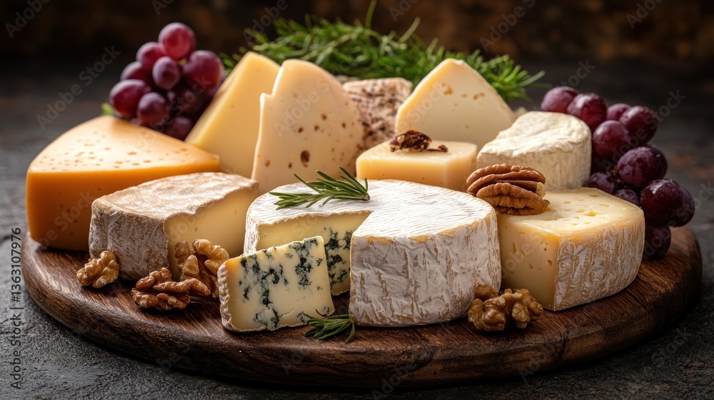 Assorted cheeses and grapes on a wooden board Assorted cheeses and grapes on a wooden board