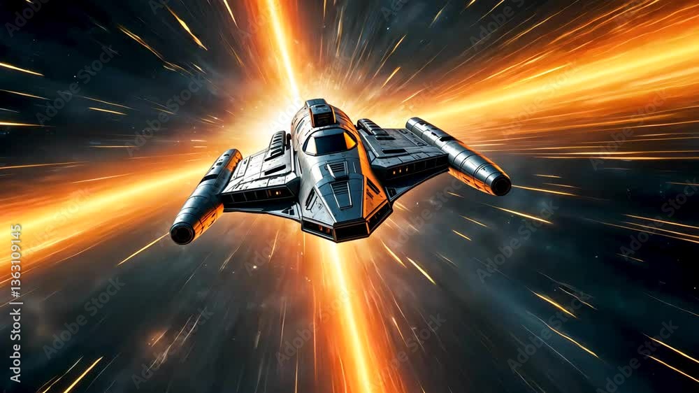 Futuristic spaceship traveling through hyperspace with glowing energy trails