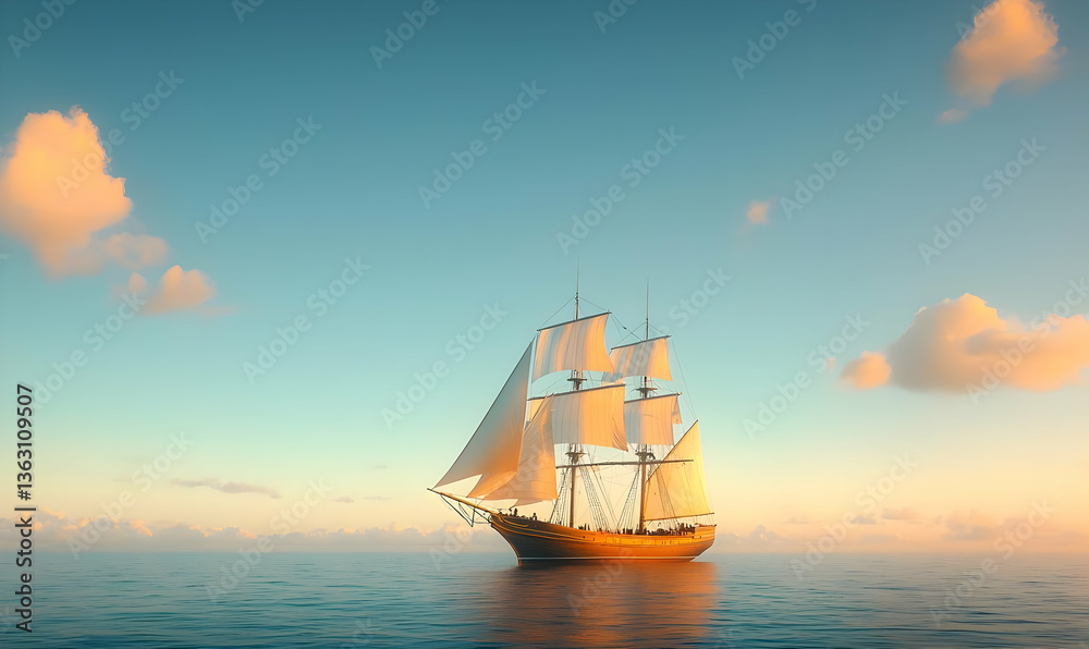 Fototapeta premium Majestic Sailing Ship Glides Gracefully Across Calm Evening Sea
