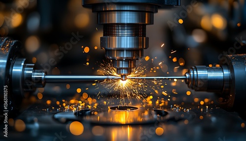 Industrial machine cutting metal rod with sparks and precision