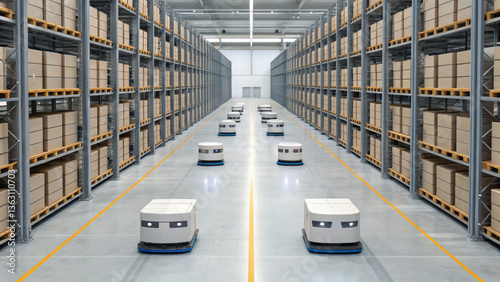 Automated robots efficiently navigate smart ecommerce warehouse, optimizing storage and retrieval processes