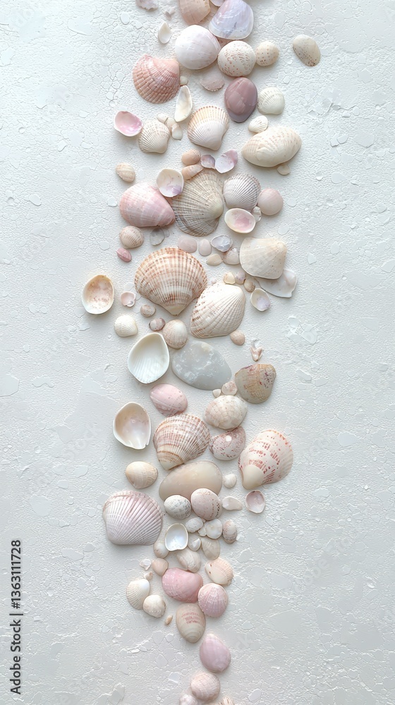 Seashells arranged in a vertical row on textured white surface with soft, pastel tones for subtle, coastal design. Seashells arranged in a vertical row on textured white surface with soft, pastel tones for subtle, coastal design.