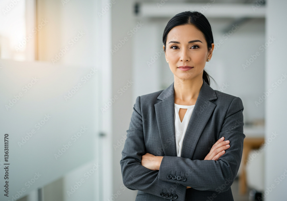 A confident businesswoman with arms crossed, exuding strength and determination in a modern office setting with soft, natural light. A confident businesswoman with arms crossed, exuding strength and determination in a modern office setting with soft, natural light.