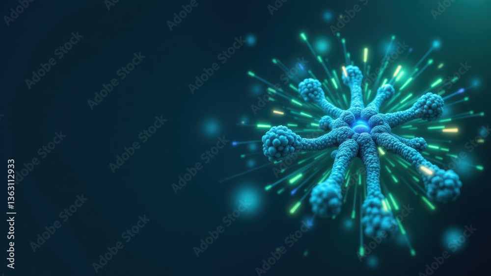 Fototapeta premium Magnesium Glycinate, a molecule that glows bright blue, illuminating like fireworks against dark background, signifying a supplement's energy and health benefits.