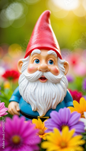 Cheerful garden gnome among vibrant flowers, playful nature concept