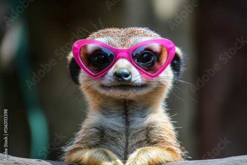 Cute meerkat wearing heart-shaped sunglasses enjoys a sunny day at the zoo while attracting visitors' attention