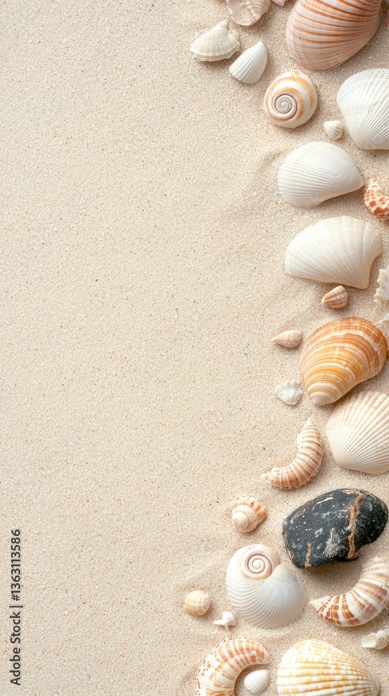A vertical close-up of smooth beach sand with scattered spiral seashells, soft and organic composition A vertical close-up of smooth beach sand with scattered spiral seashells, soft and organic composition