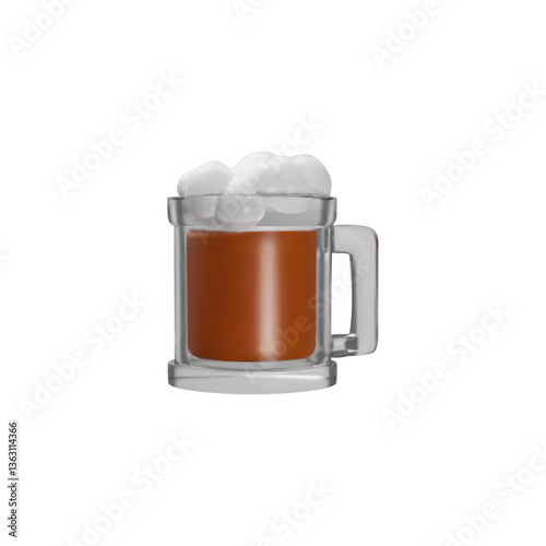 Beer mug with handle and foam 3D plastic style vector icon, glass with dark froth beer, cup of brown malt alcohol drink
