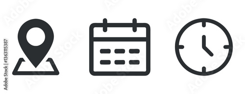 Navigation, Date, and Time Icons – Vector Illustration Representing Location Pin, Calendar, and Clock Concept